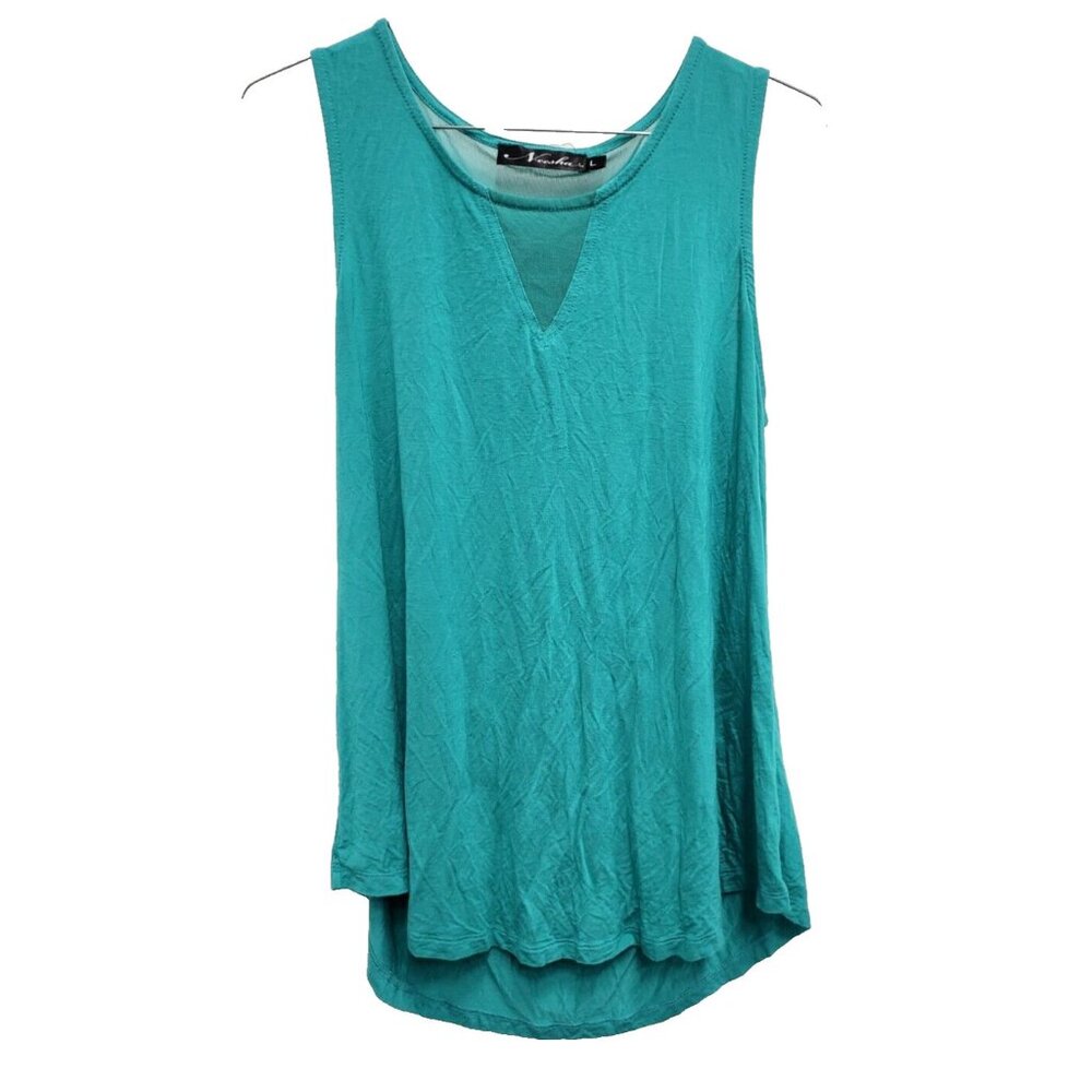 Neesha Womens Mesh Insert Tank Top Large Teal Drape Back Lagenlook Beach